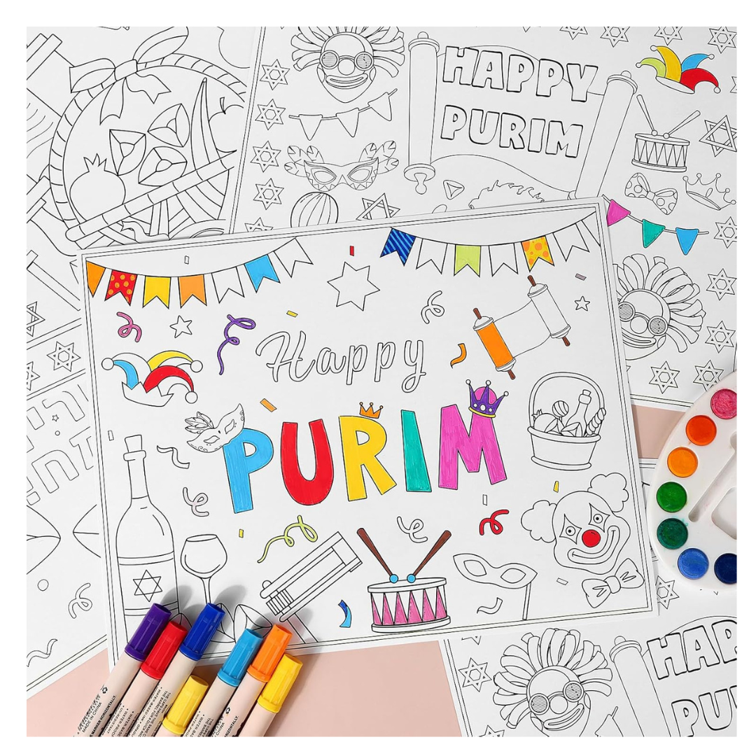 Happy Purim Paper Coloring Placements, 20 Pcs