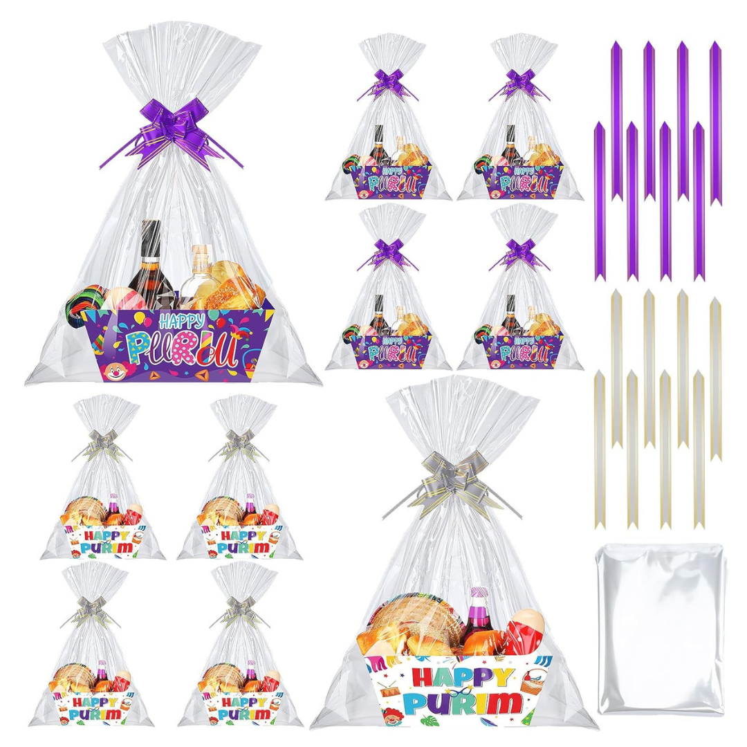 Happy Purim Gift Basket with Bags and Bows, 8 Count