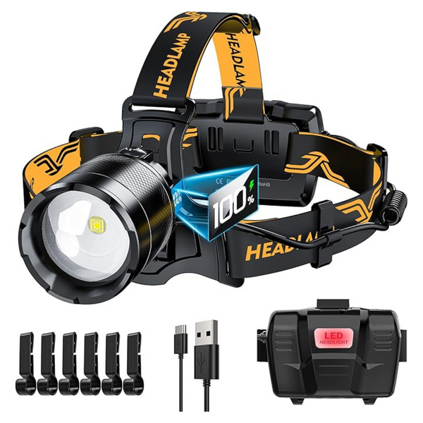 100000 LM Bright Zoomable Sensor Red Warning Light Headlamp