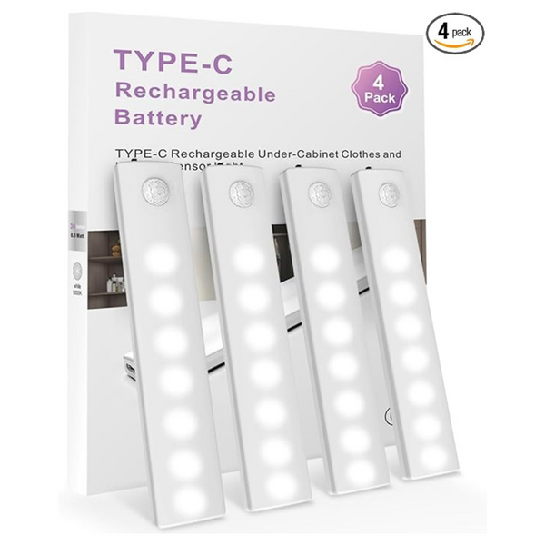 4-Pack Rechargeable Magnetic Under Cabinet Closet LED Motion Sensor Light