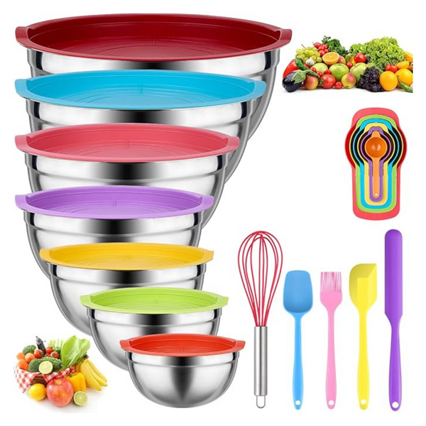 26-Piece Stainless Steel Nesting Mixing Bowls Set With Lids & 12 Utensils