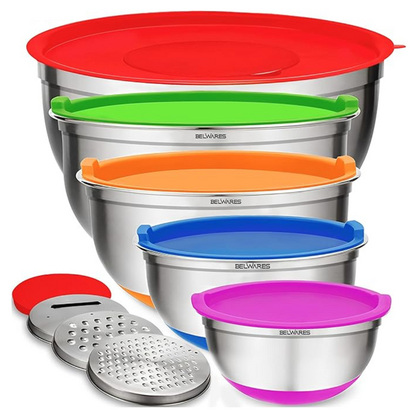 Belwares Set Of 5 Stainless Steel Mixing Bowls With Lids, With Non-Slip Silicone Bottoms, Airtight Lids & 3 Grater Attachments