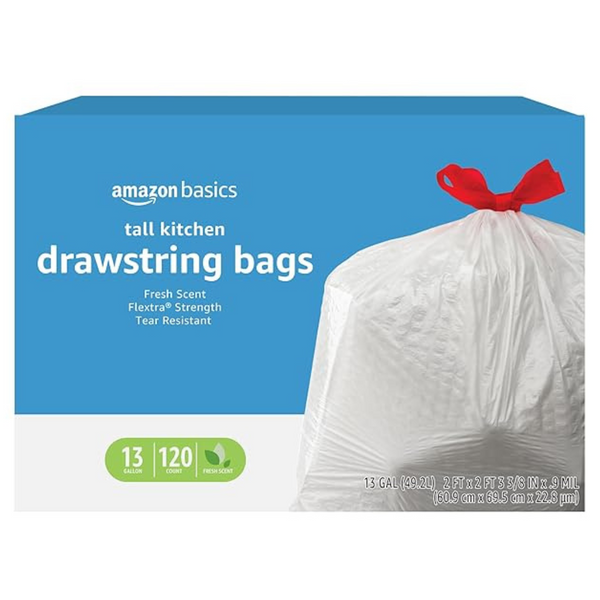 120-Count 13-Gal Amazon Basics Flextra Tall Kitchen Drawstring Trash Bags