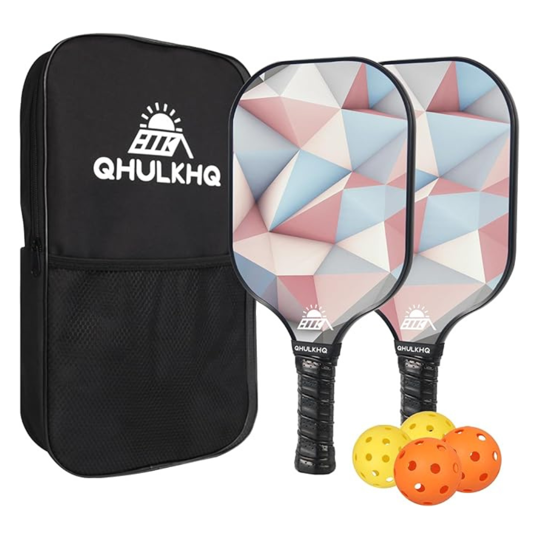 Qhulkhq Fiberglass Pickleball Set W/ 2 Paddles, 4 Balls & Carry Bag