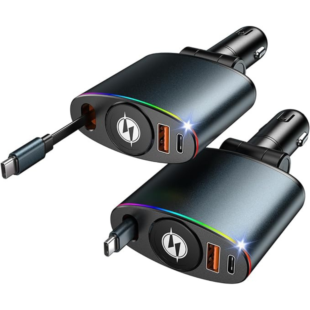 2-Pack 66W Retractable Car Charger Adapter W/ Retractable Charges Cables