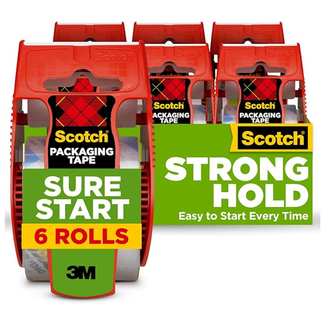 Scotch Sure Start Packing Tape, 6 Tape Rolls With Dispensers