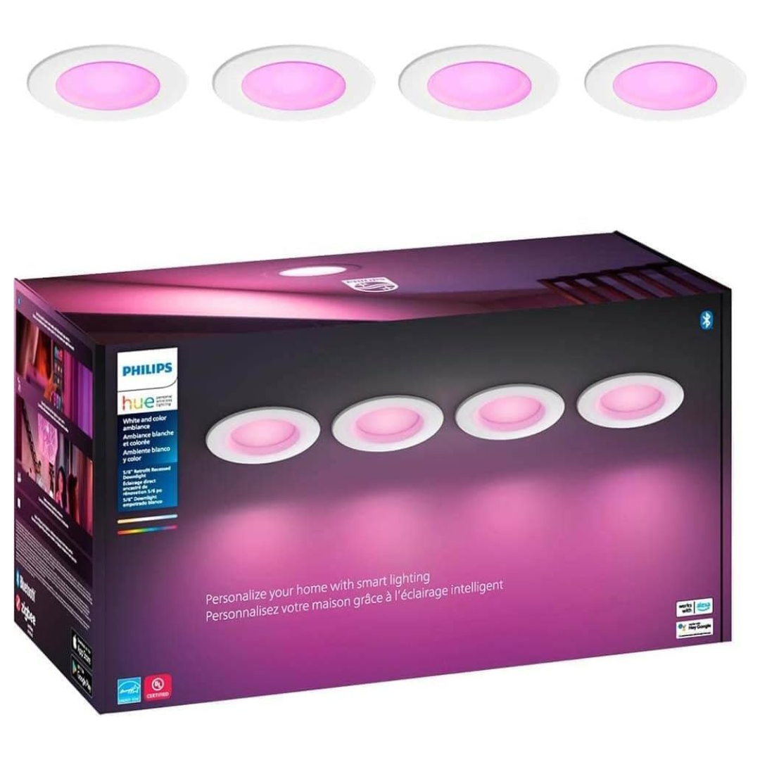 4-Pack Philips Hue White & Color Ambiance Smart Recessed 5"/6" E26 Retrofit Downlights