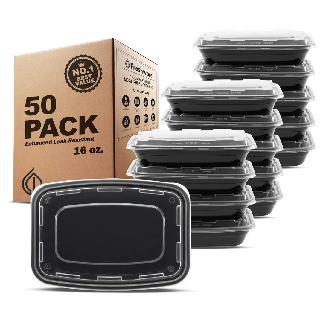 50-Pack Freshware Meal Prep 1 Compartment Food Storage Containers