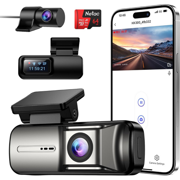 Front and Rear 2K/720P HD Dash Camera with Free 64GB Card