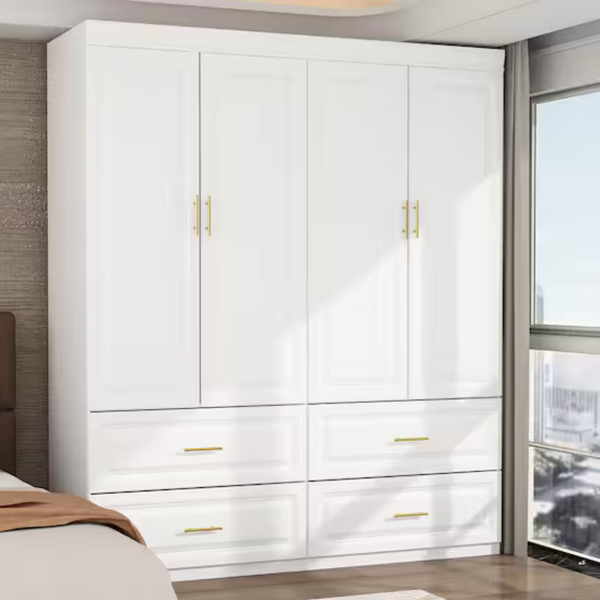 White Wood 63" W 4-Door Big Wardrobe Armoires