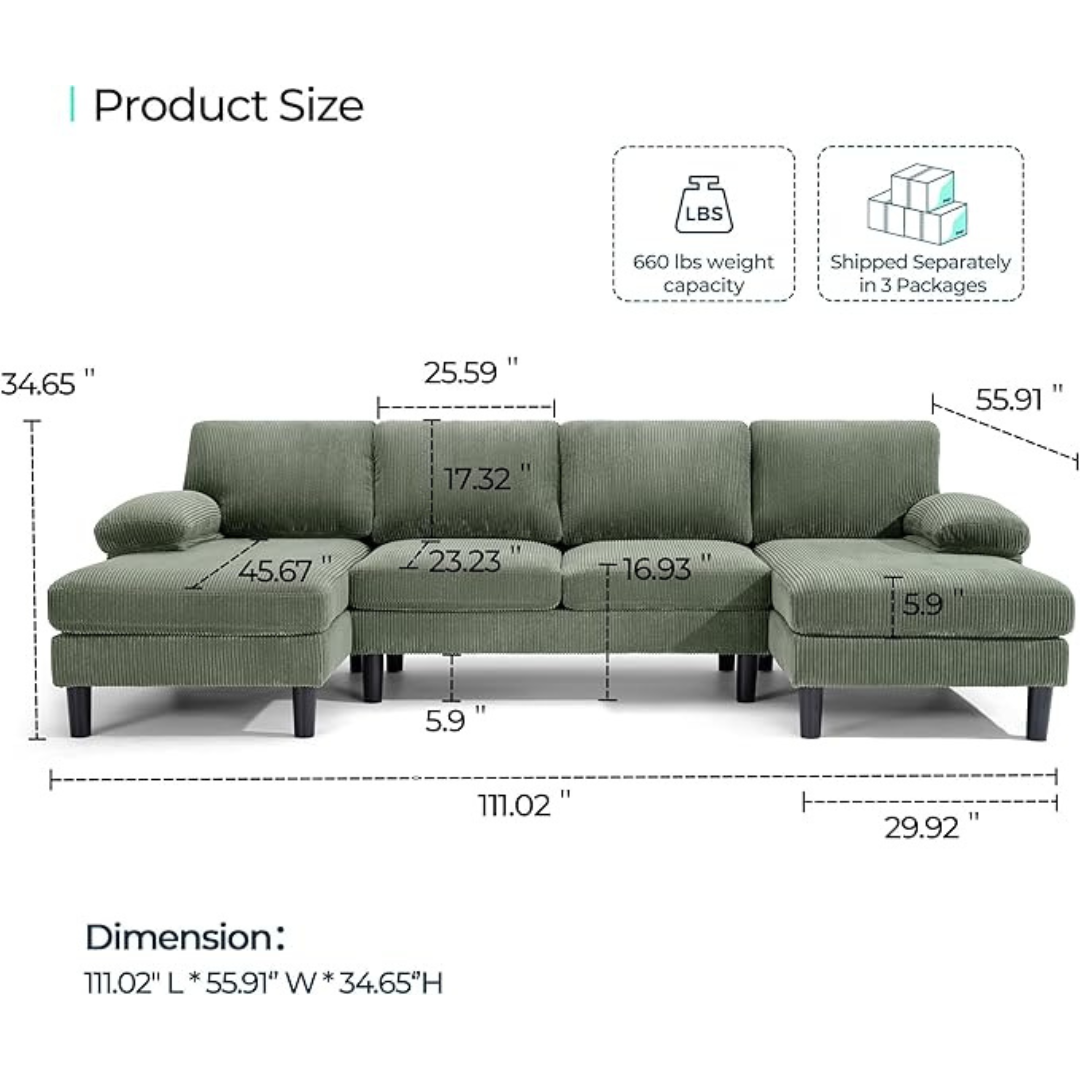 Linsy Home U Shape 111" Corduroy Sofa with Sleepable Armrests