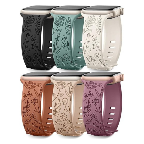 6-Pack Floral Engraved Bands Compatible With Apple Watch