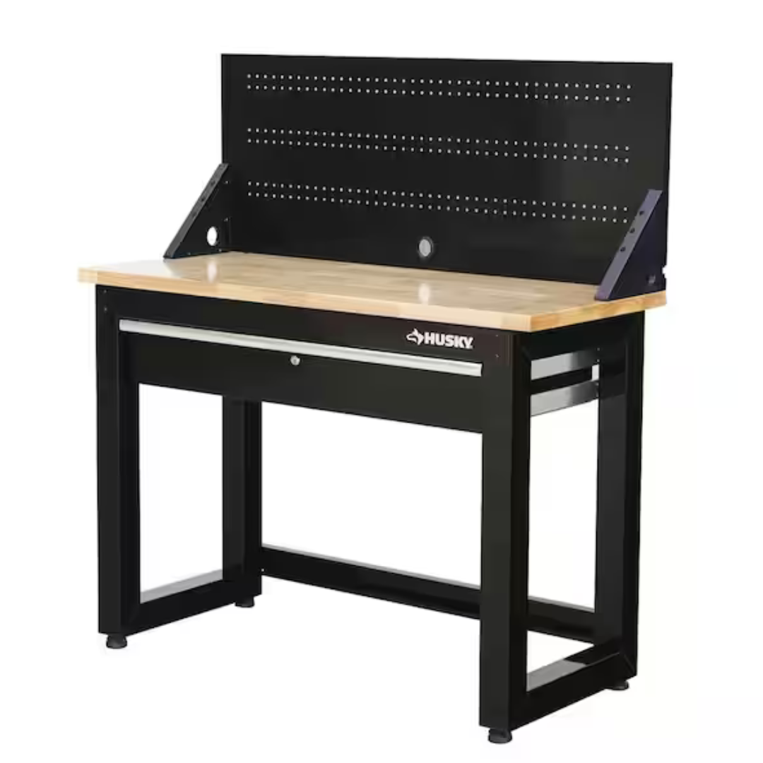 4 Ft. Solid Wood Top Workbench In Black With Pegboard And 1 Drawer