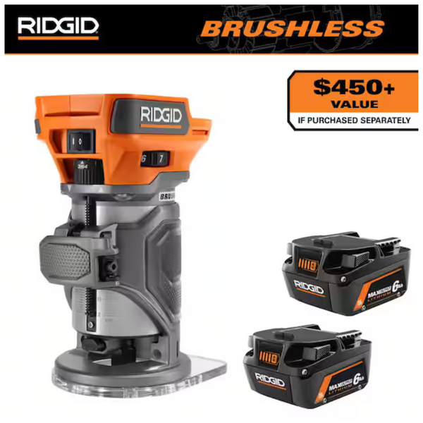 Ridgid 6.0 Ah MAX Output Lithium-Ion Batteries (2-Pack) W/ 18V Cordless Router