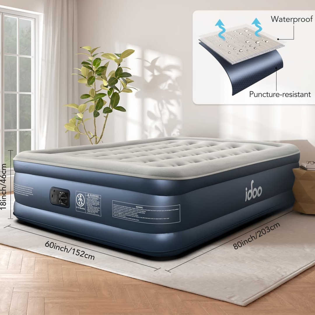 iDOO 18" Raised Queen Comfort Blow up Air Mattress with Built in Pump