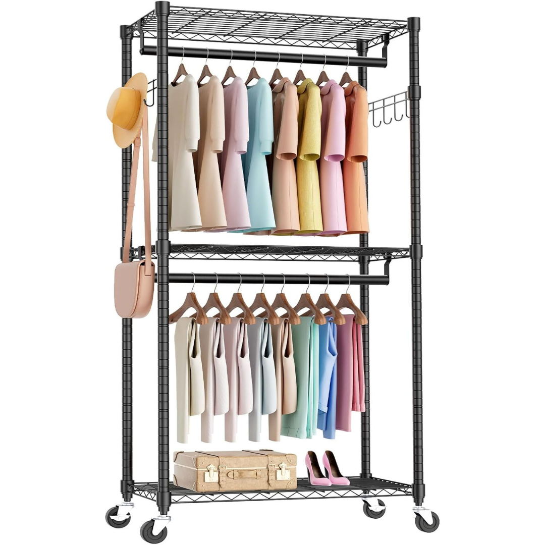 Sweetcrispy Medium 3 Tiers Rolling Clothes Rack (15.7"L x 29.5"W x 75.5"H)