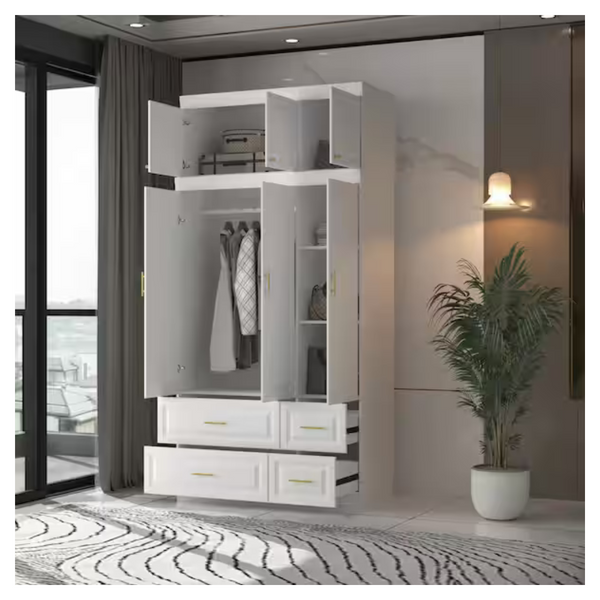 White 6-Door Big Wardrobe Armoires With Hanging Rod