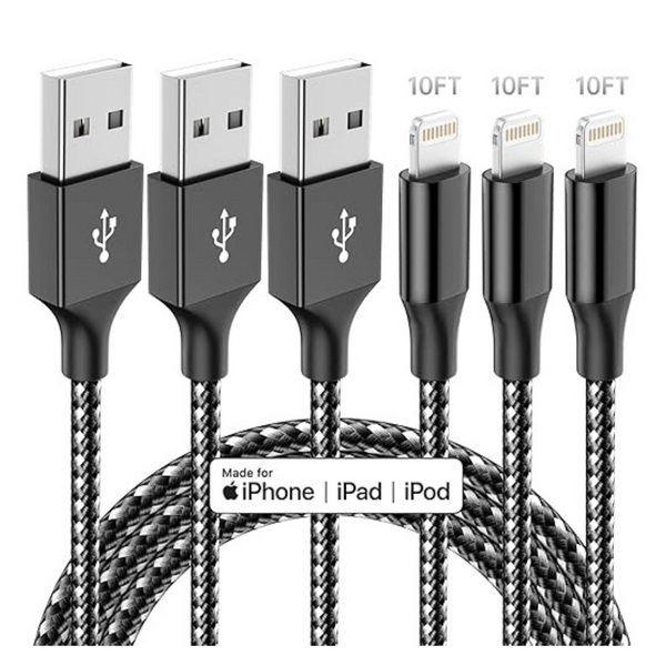 3-Pack 10 Ft Apple MFi Certified Nylon Braided Lightning Cable