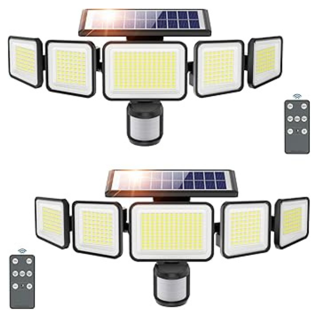 2-Pack 3000LM 5-Adjustable Heads Solar Motion Sensor LED Flood Light