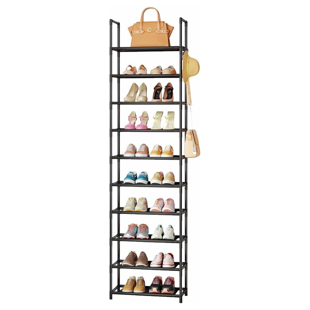 10-Tiers Free Standing Shoe Rack with Hooks For Holds 20-25 Pairs