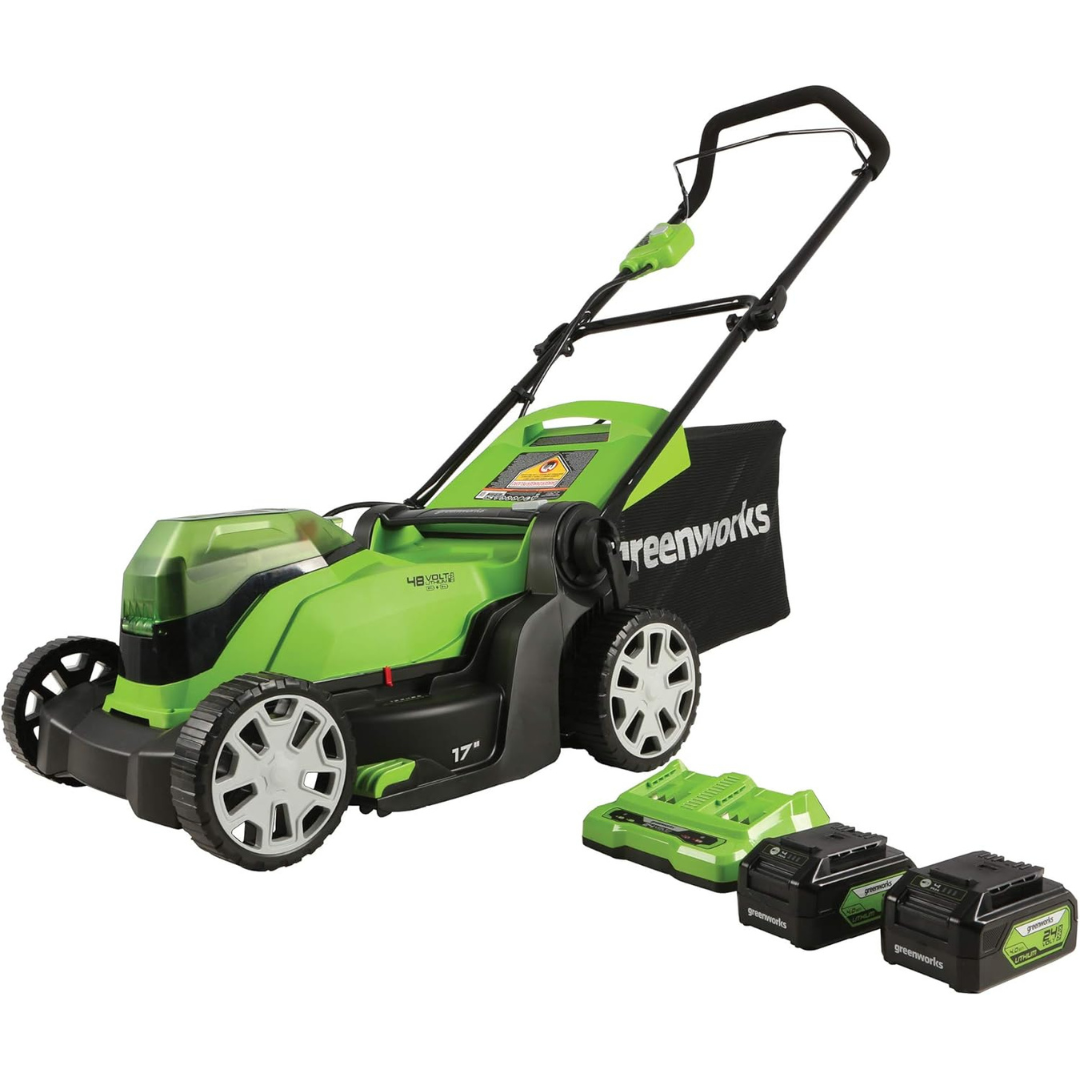 Greenworks 48V (2x24V) 17" Battery Push Mower + 2 x 24V 4Ah Batteries & Dual Port Charger