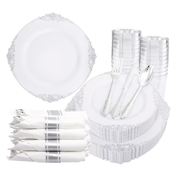 Liacere 350 Pcs Silver Plastic Disposable Dinnerware Set With Pre-Rolled Cutlery And Napkins (Service For 50)