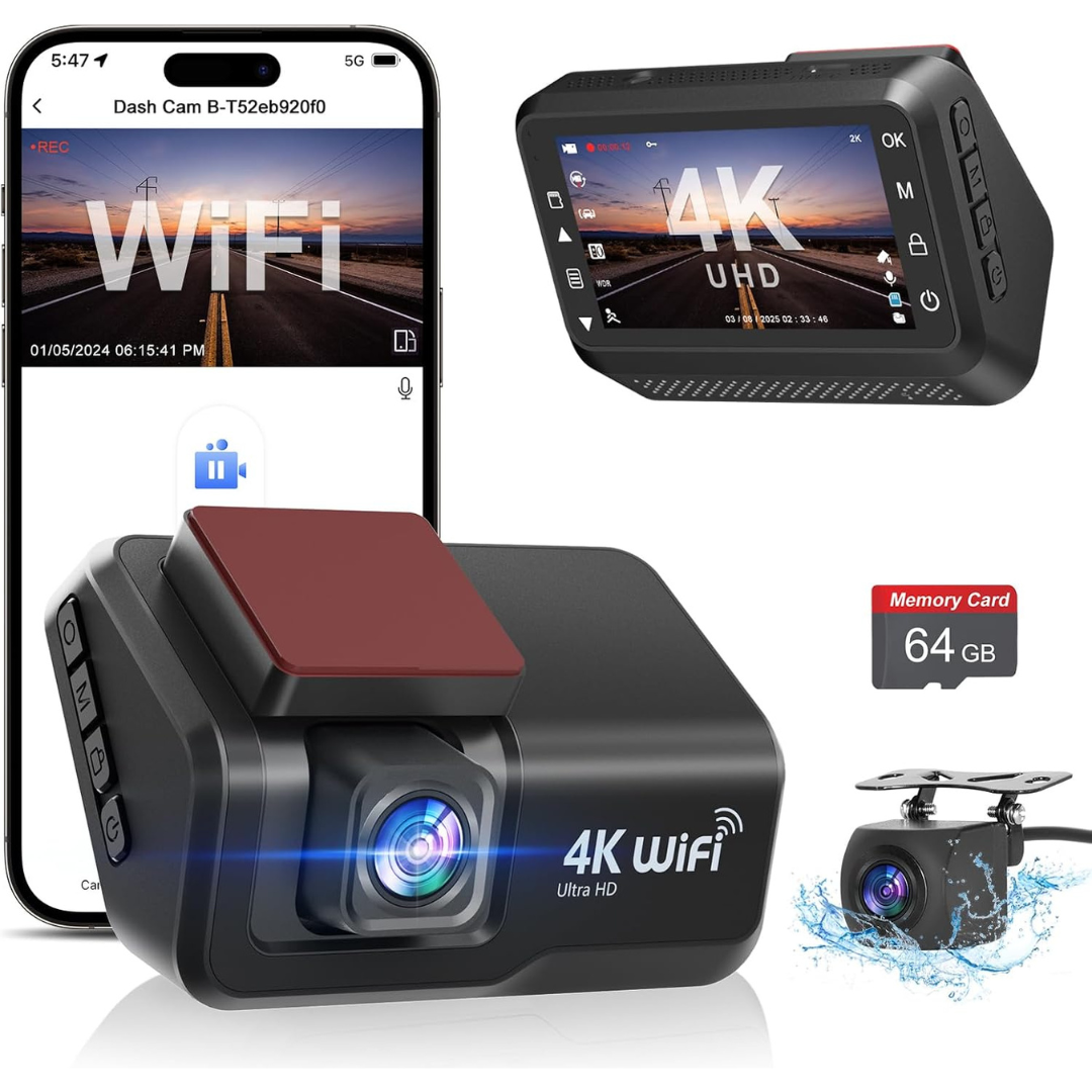 4k+1080P WiFi Front and Rear Camera Dash Cam with Free 64GB Card