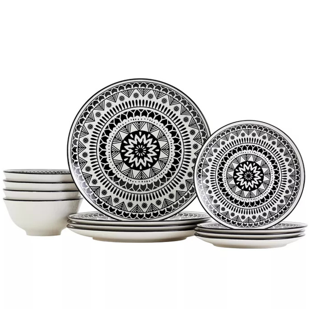 12-Piece Tabletops Unlimited TTU Gallery Black Pad Print Dinnerware Set