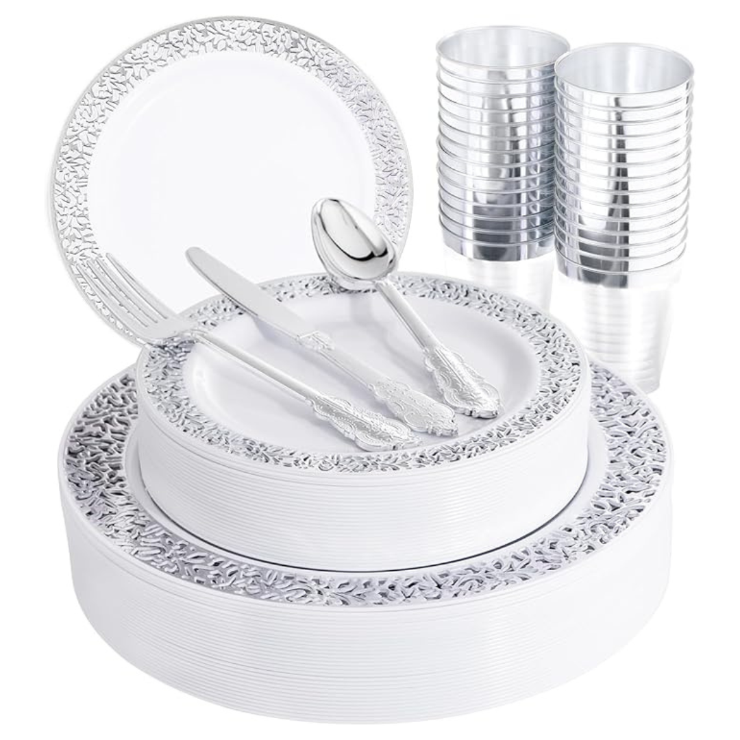 I00000 150 Pcs Silver Plastic Disposable Dinnerware Set (Service For 25)