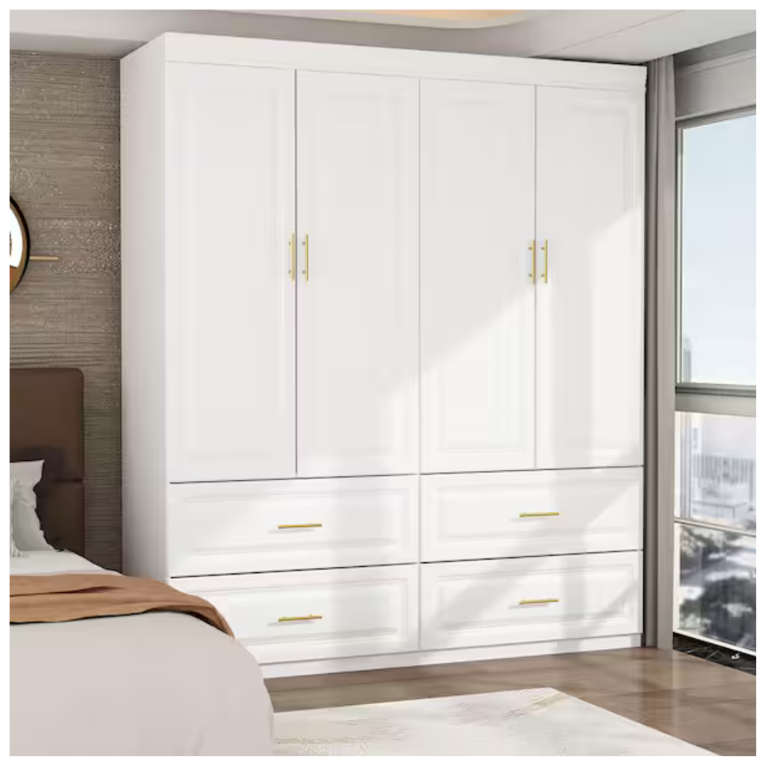 White Wood 63" W 4-Door Big Wardrobe Armoires