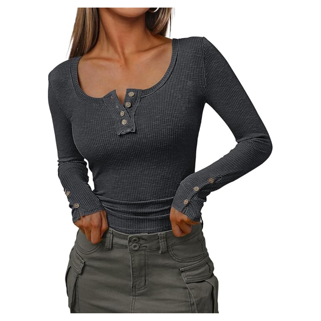 Women's Henley Long Sleeve Ribbed Knit Shirts