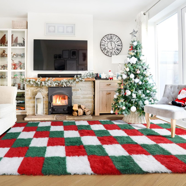 8x10ft Large Fluffy Red Green White Checkered Shag Rug Carpet