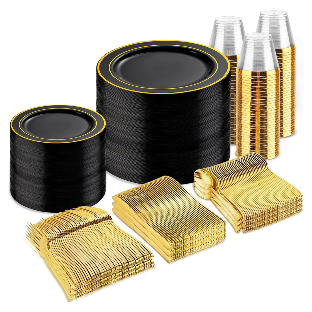 Bucla 600 Pcs Black And Gold Disposable Dinnerware Set (Service For 100)