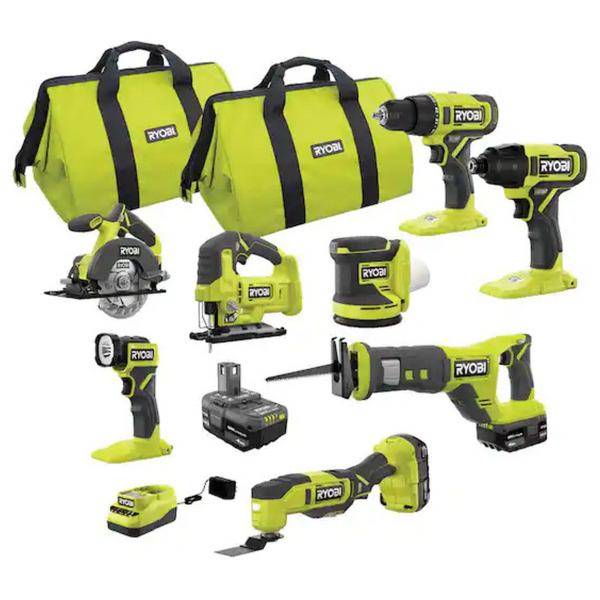 RYOBI ONE+ 18V Cordless 8-Tool Combo Kit With (1) 1.5 Ah Battery And (2) 4.0 Ah Batteries And Charger