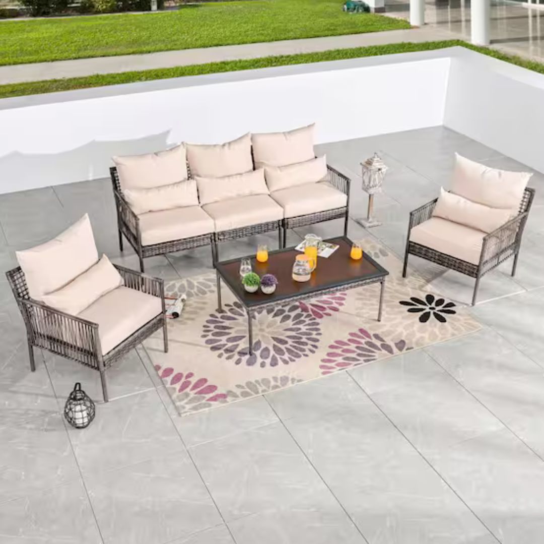 6-Piece Wicker Outdoor Conversation Set with Beige Cushions