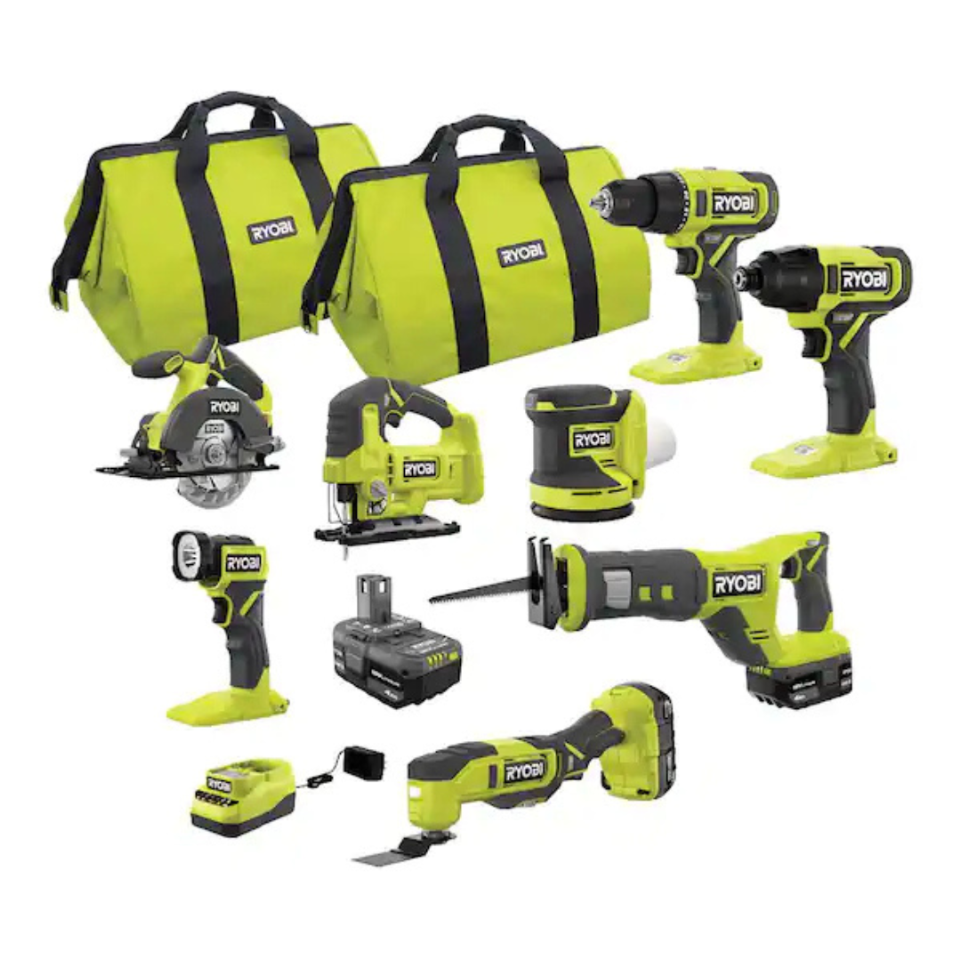 RYOBI ONE+ 18V Cordless 8-Tool Combo Kit With (1) 1.5 Ah Battery And (2) 4.0 Ah Batteries And Charger