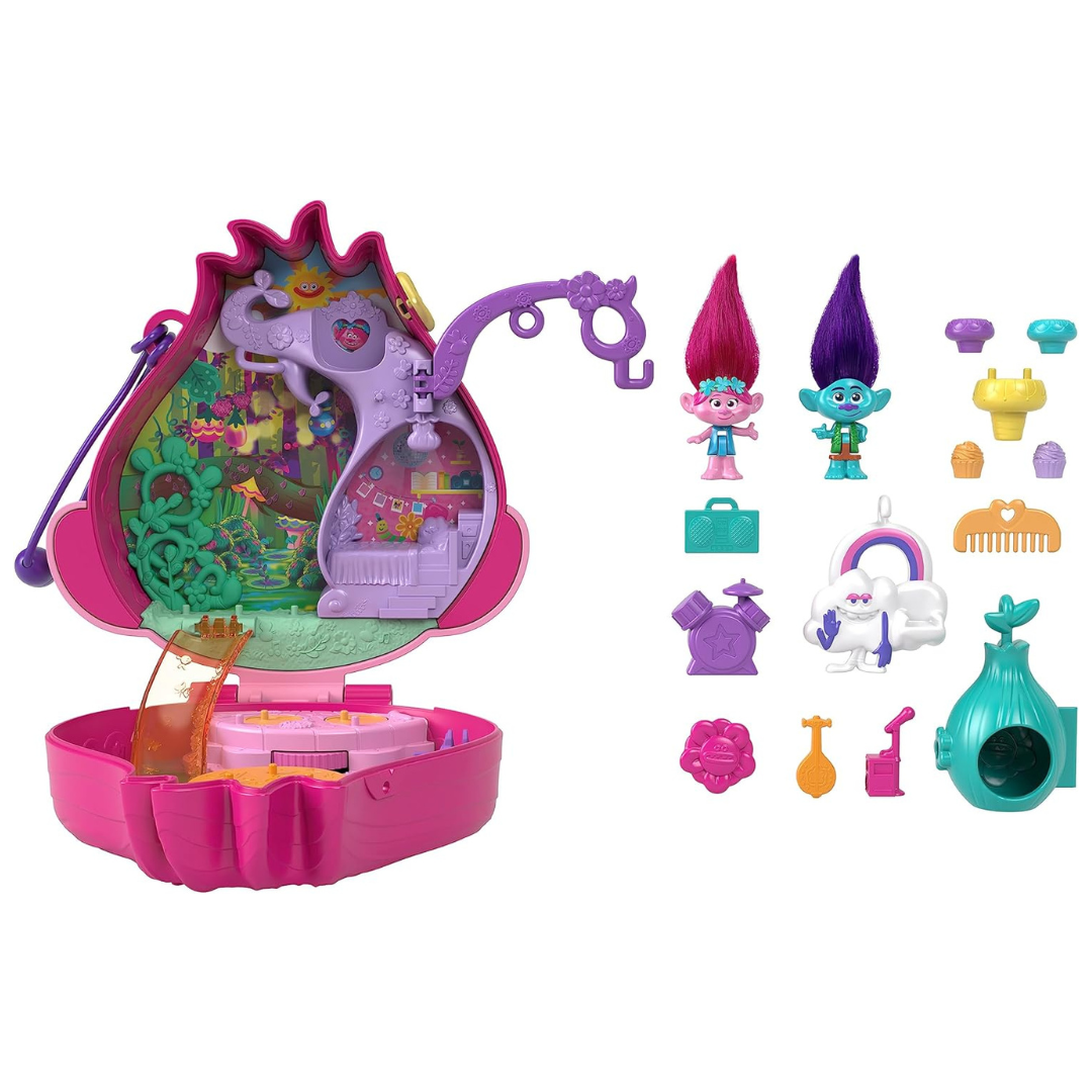 Polly Pocket Trolls Compact Playset With 2 Micro Dolls &13 Accessories