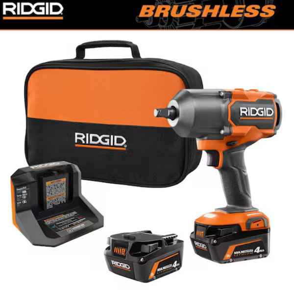 RIDGID 18V Brushless Cordless 4-Mode 1/2" High-Torque Impact Wrench Kit With (2) 4.0 Ah Lithium-Ion Batteries and Charger