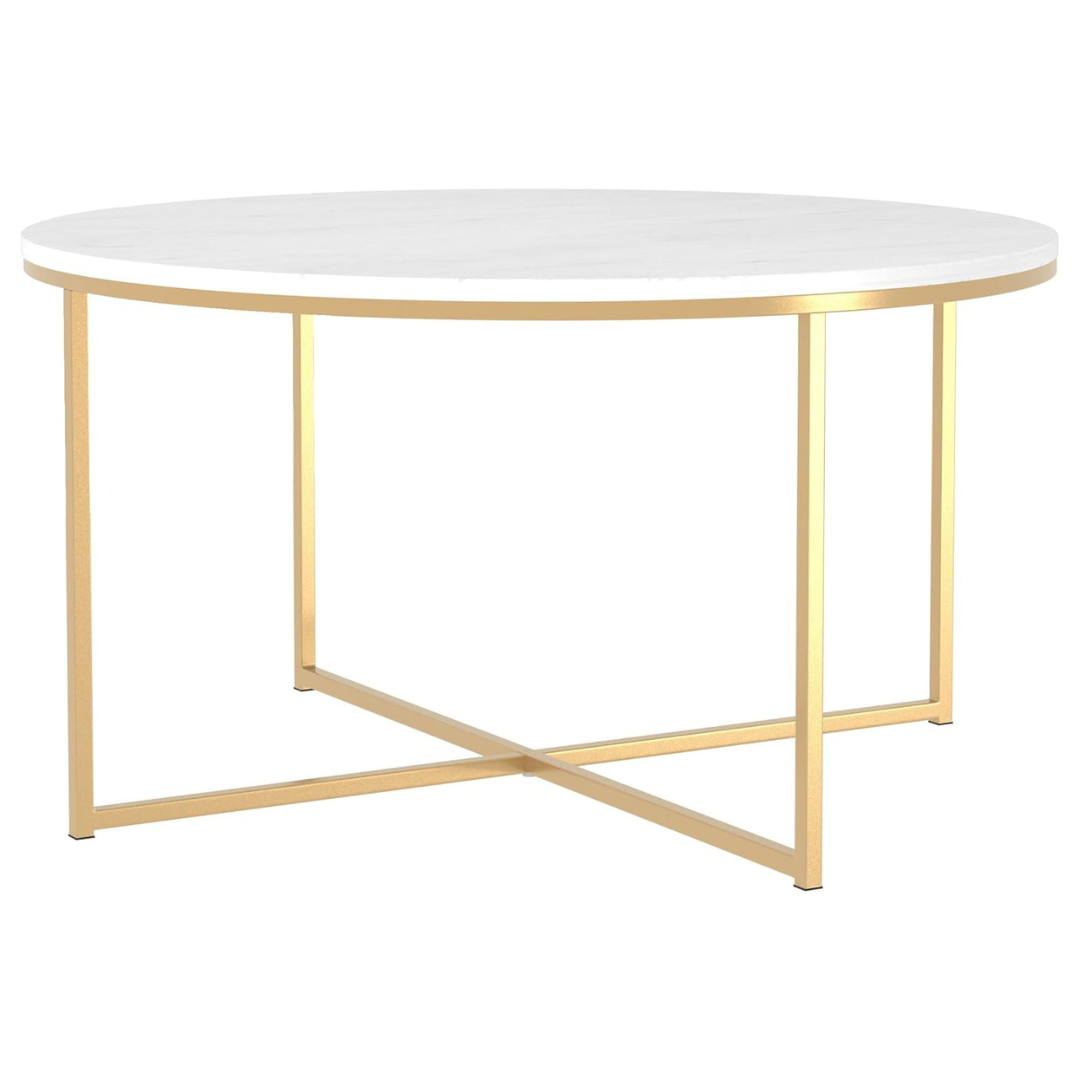 Walker Edison Modern Glam Round Accent Faux White Marble Coffee Table, 36 Inch