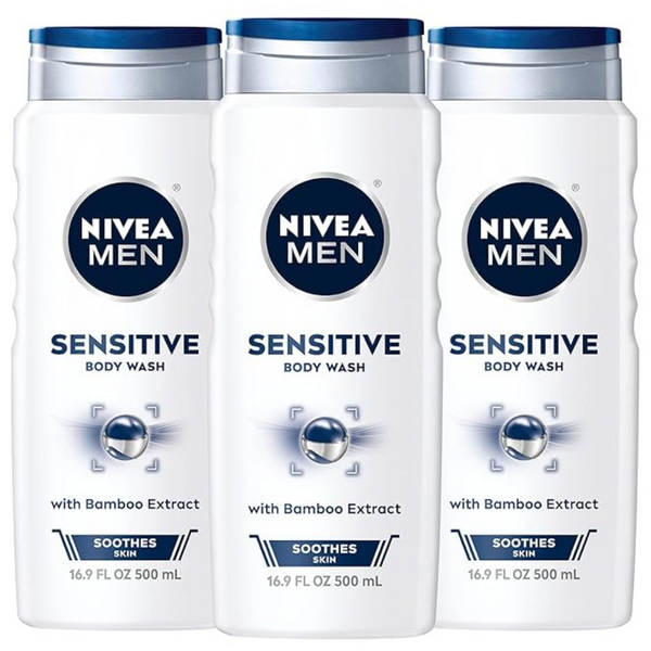 3 Bottles Of NIVEA MEN Sensitive Body Wash With Bamboo Extract (16.9 Fl Oz Bottles)