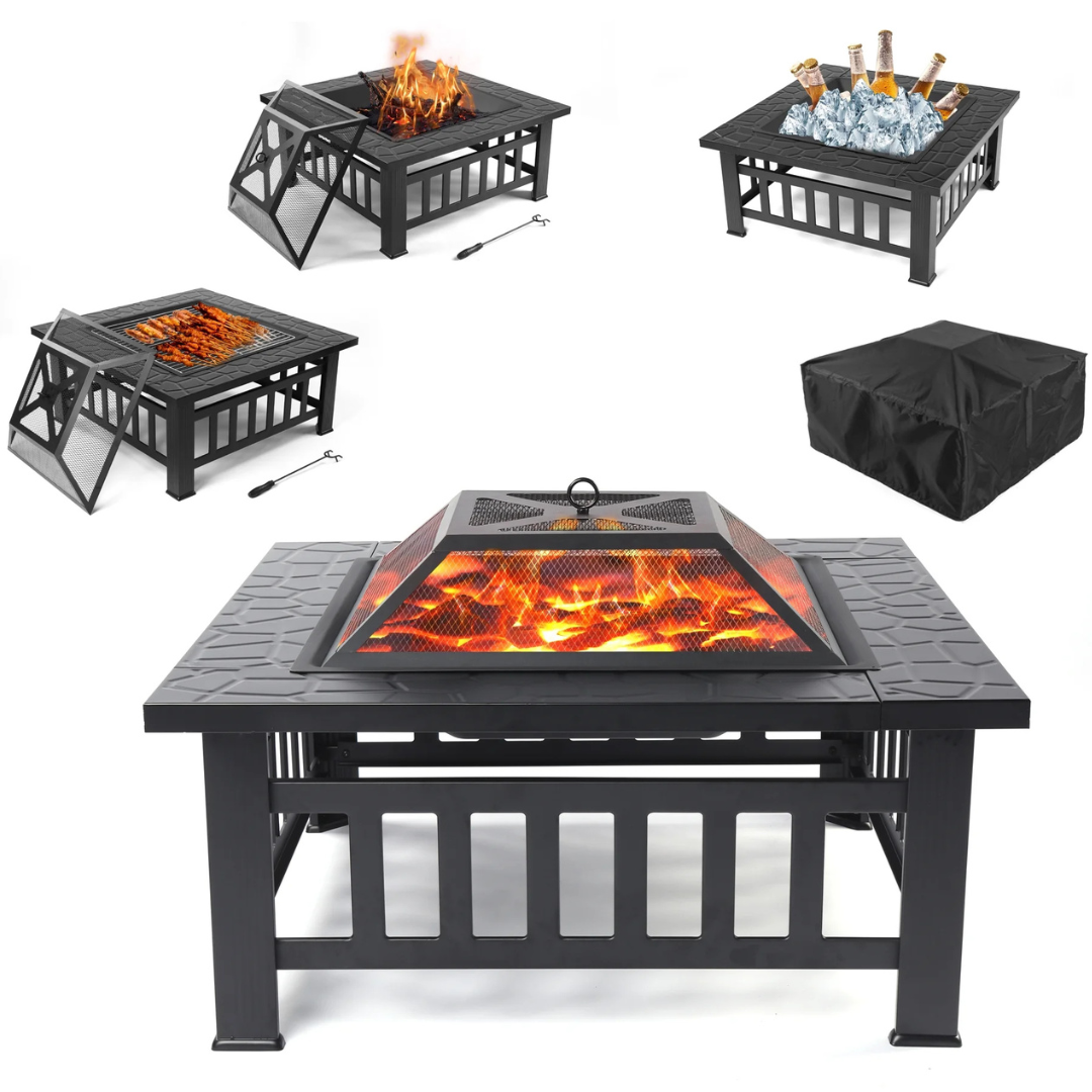 Uhomepro 32" Wood Burning Fire Pit Tables With Screen Lid (Black)