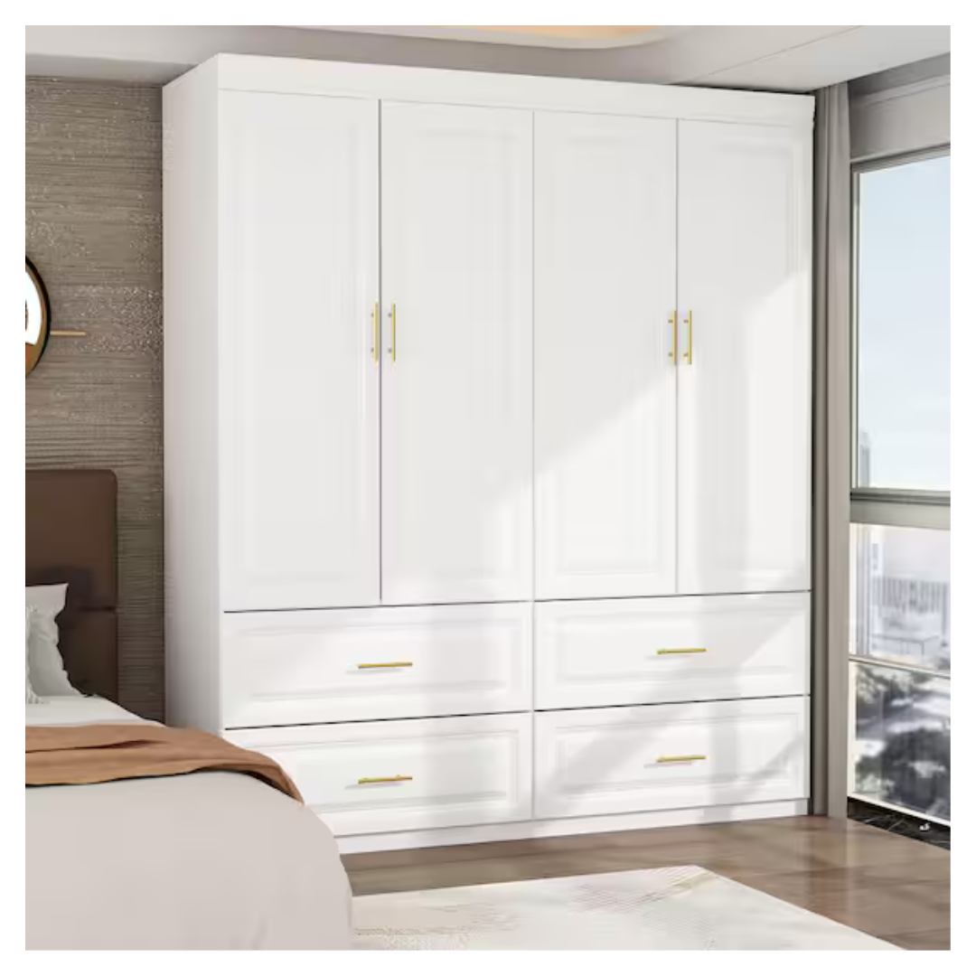 White Wood 63" W 4-Door Big Wardrobe Armoires