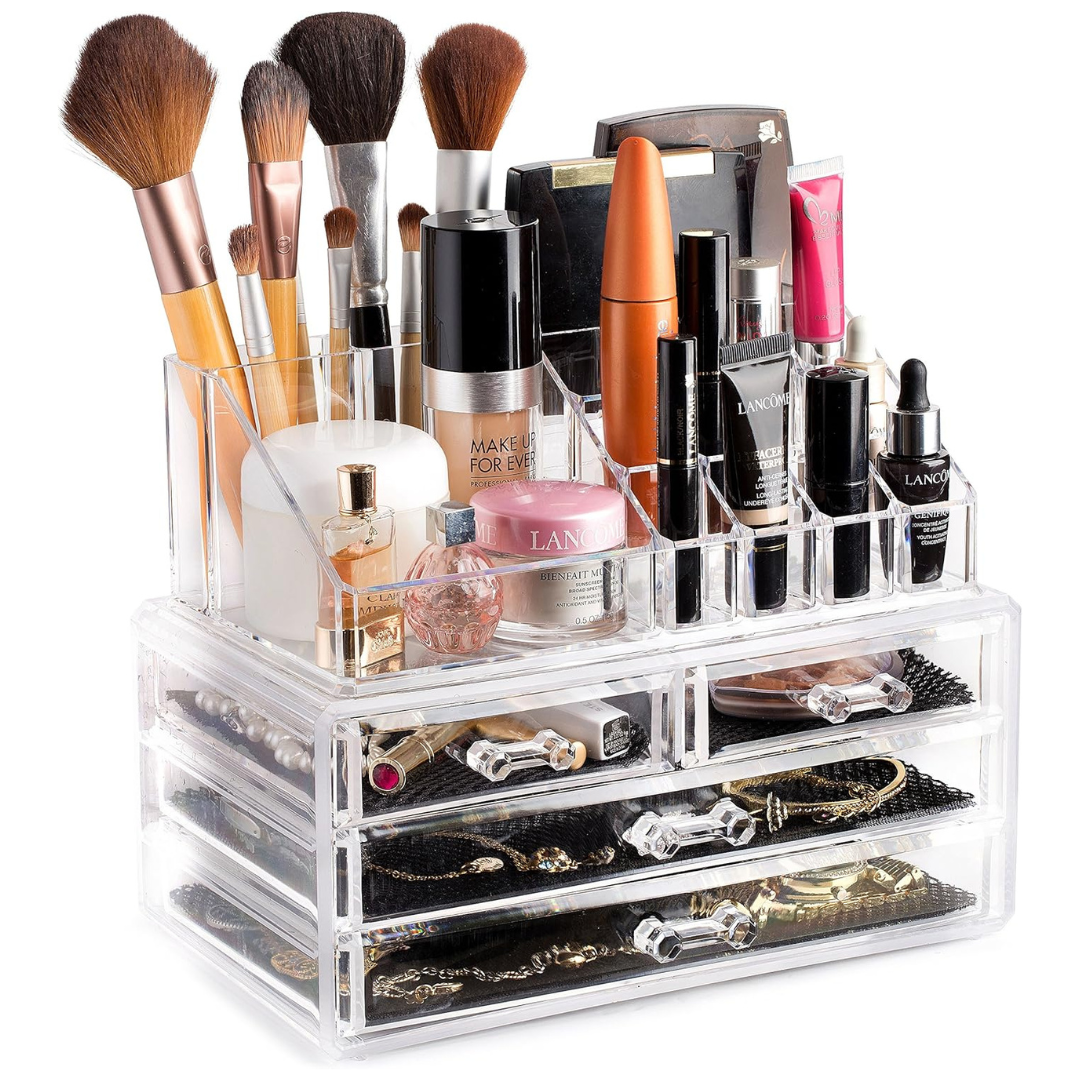 Masirs Clear Makeup Organizer (4-Drawer/16 Compartments)