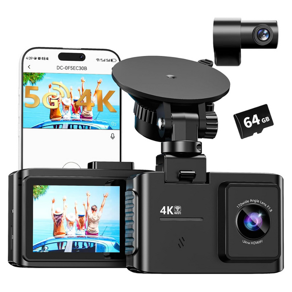 4K Dual Channel 5GHz WiFi Dash Cam Front and Rear with 64GB Card