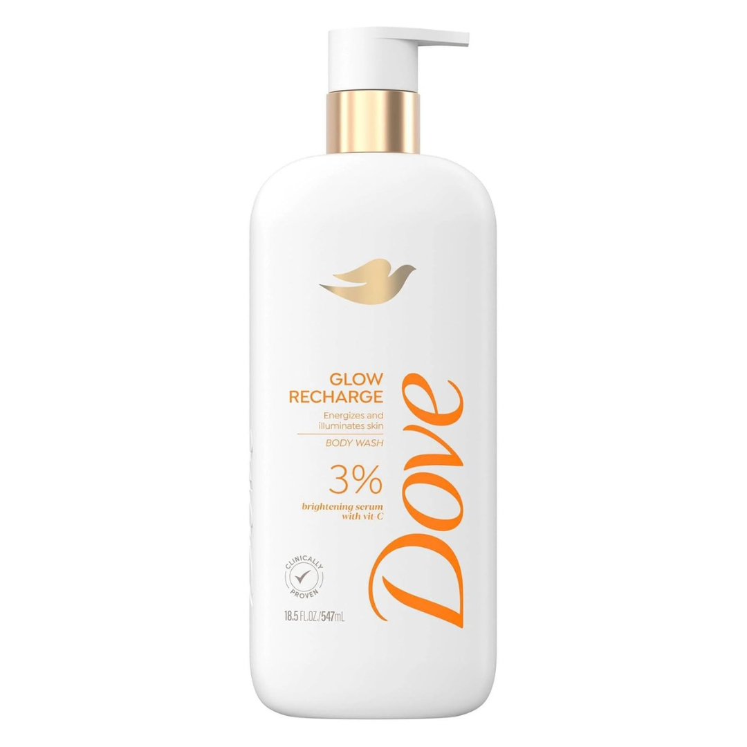 Dove Exfoliating Body Wash Glow Recharge Energizes & illuminates Skin 3% Brightening Serum With Vitamin C 18.5 oz