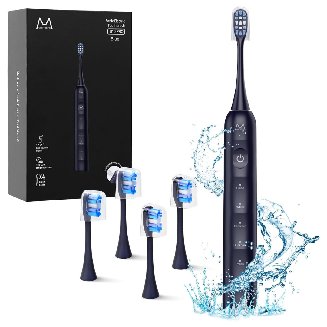 IPX8 Rechargeable 5-Modes Sonic Electric Toothbrush W/ 4-Brush Heads