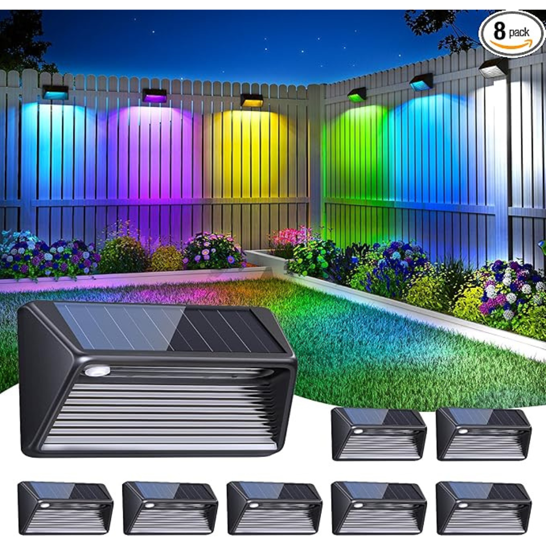 8-Pack Waterproof Cool White & RGB Color Changing LED Solar Fence Lights