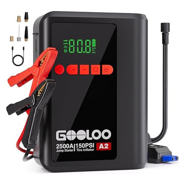 Gooloo A2 2500A Car Battery Jump Starter & 150PSI Air Compressor (Up to 8L Gas Engine)