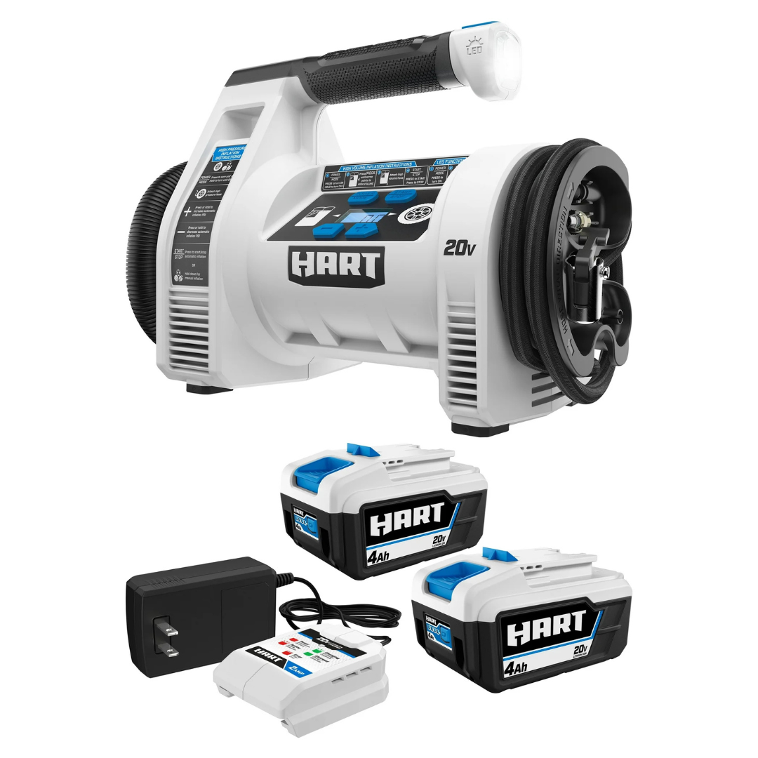 HART 20-Volt 2-Pack 4Ah and Charger Starter Kit And Dual Inflator Bundle