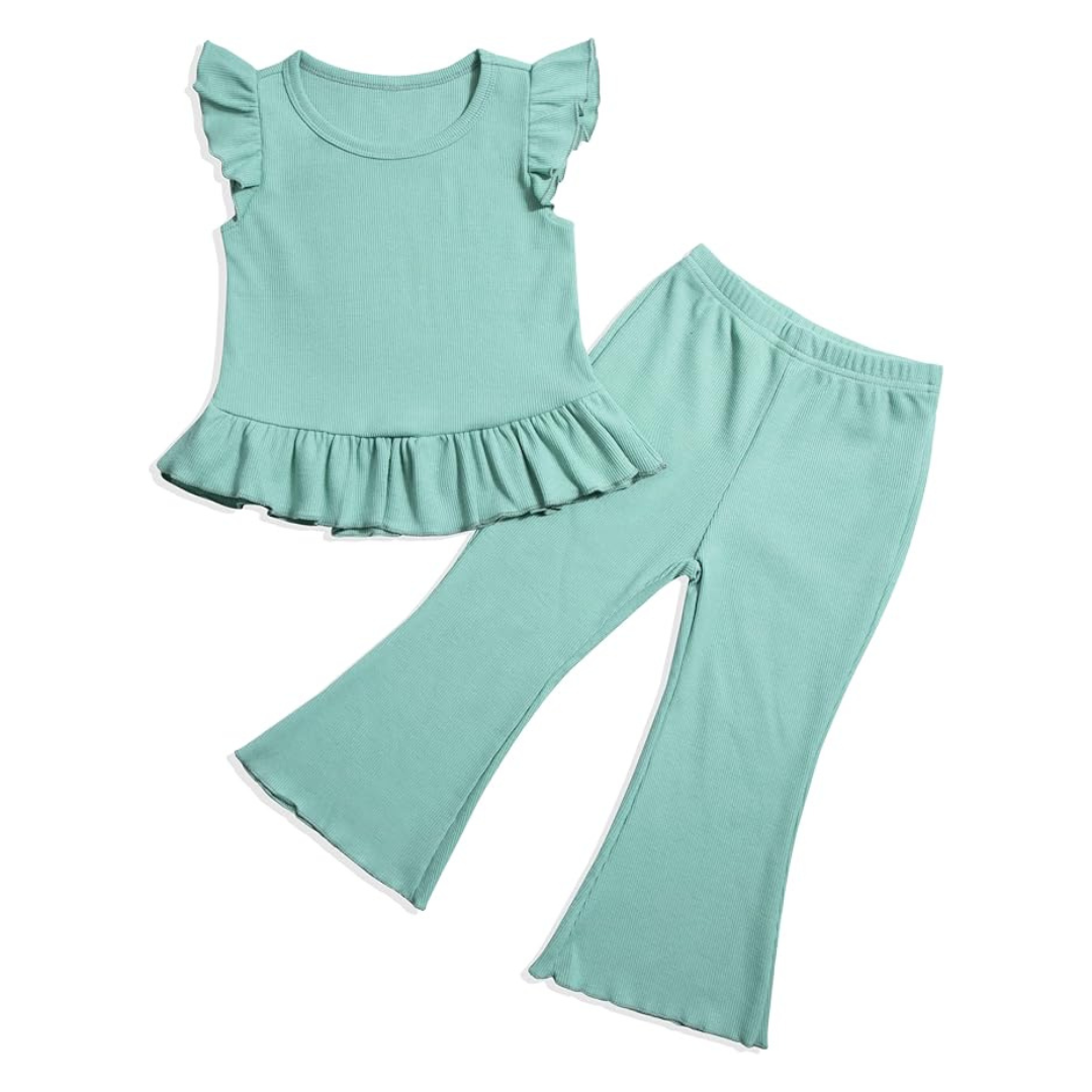 Toddler Girl Ribbed Ruffle Knit Sleeve Shirt & Flare Pants Set